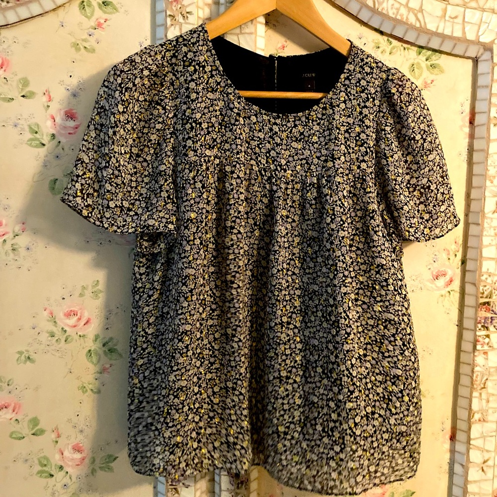 Jcrew navy floral silk flutter sleeve lurex blouse 4 small